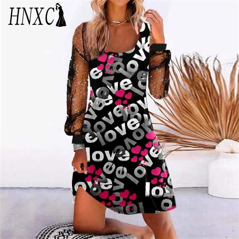 HNXC Robes décontractées à manches longues et col en U pour femmes, couleur unie, imprimé, taille haute, mode printemps-automne