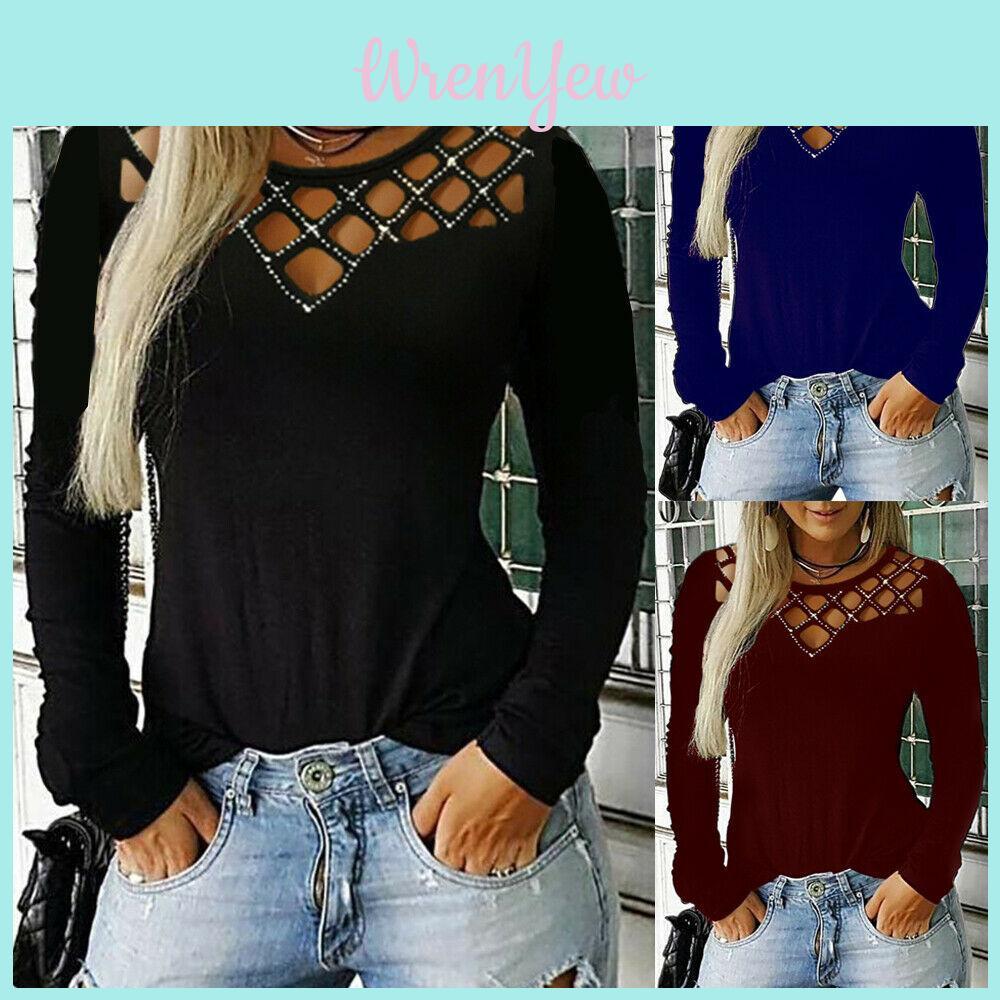 Stylish Women's Hollow Long Sleeve T-shirt For Casual Chic V-neck Pullover Top