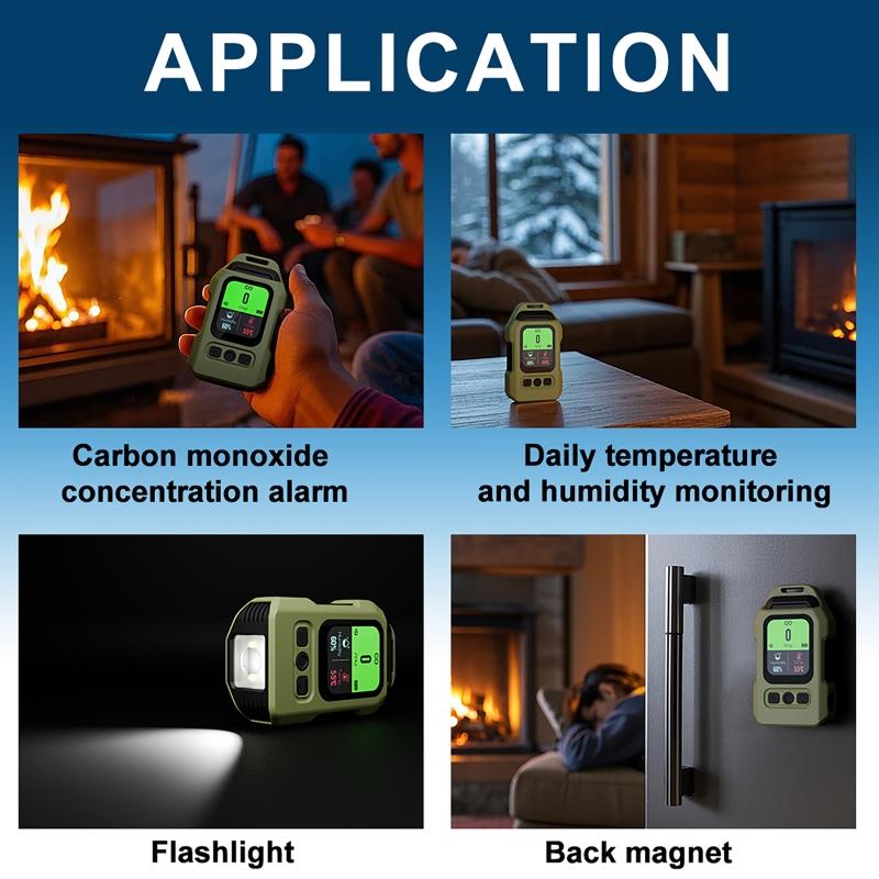 New 4 IN 1 Carbon Monoxide Detector with Alarm LCD Display Screen Humidity Temperature Detection CO Detector for Outdoor Air Concentration Monitoring