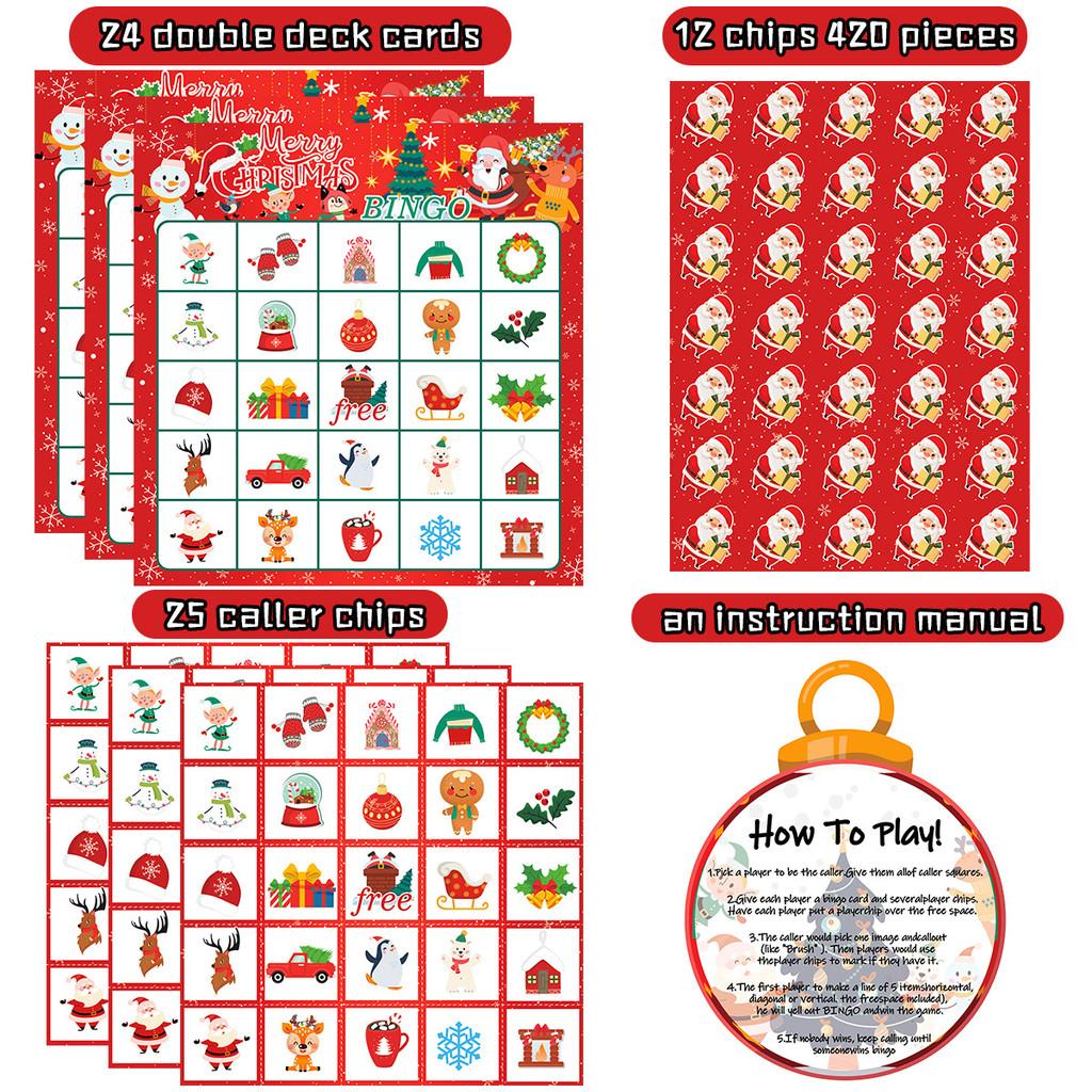 Bingo Christmas Theme Game Santa Snowman Paper Cards Set Family Holiday Fun Play