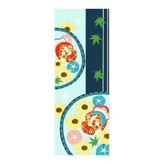 Hamamonyo Tenugui Towel - Tin Goldfish and Flower Chozuya - 100% Cotton, Approx. 34cm X 90cm, Printed, Raw Edge