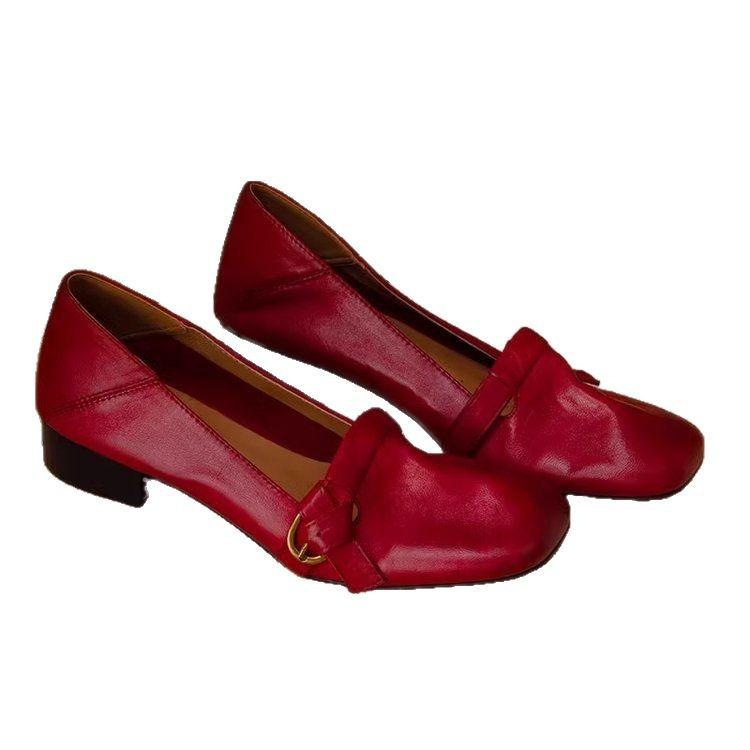Soft leather version~ soft sole soft surface comfortable women's shoes new red small leather shoes low heel square head light mouth versatile single