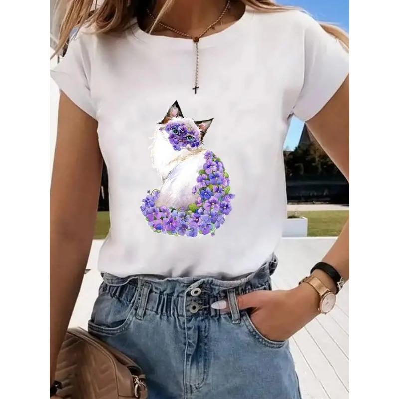 Short Sleeve Print Clothes Women Spring Summer Female Tee Fashion Cat Love Sweet Valentine Shirt Lady Graphic T-shirt