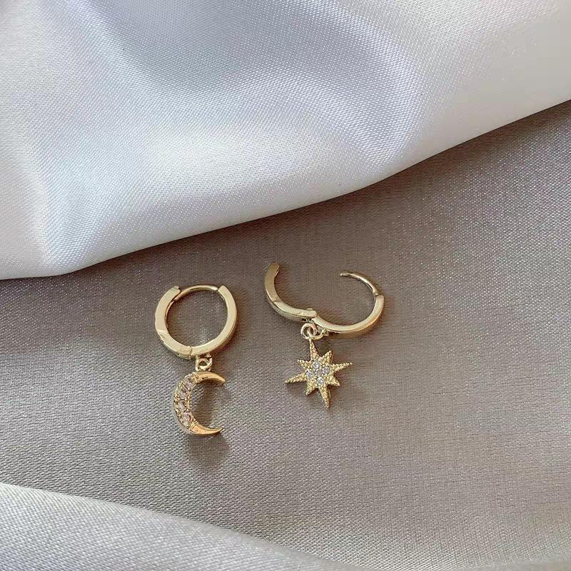 S925 Silver Needle Asymmetrical Star and Moon Stud Earrings with Diamond-Set Hoops - Light Luxury Design