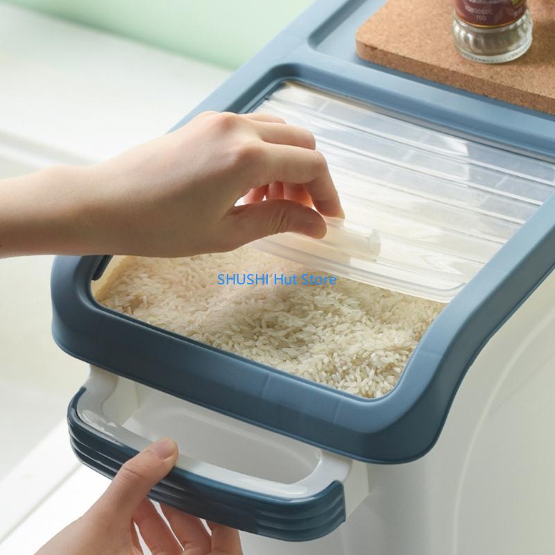 Rice Storage Container 10kg with Visible Window and Pulley for Home Kitchen Thick Rice Storage Box Large Capacity Grain Box D57B