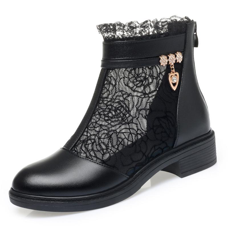 

2,5 см Удобные Дышащие Сетчатые Кожаные Туфли Женские Ботинки Лето 2025 Плоские Квадратные Каблуки Ботильоны для Офисной Работы Мама 43 чёрный