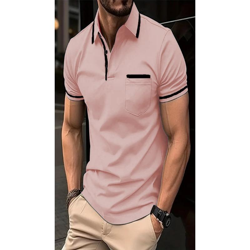 Men Casual Color Block Pocket Lapel Short Sleeve Polo Shirt