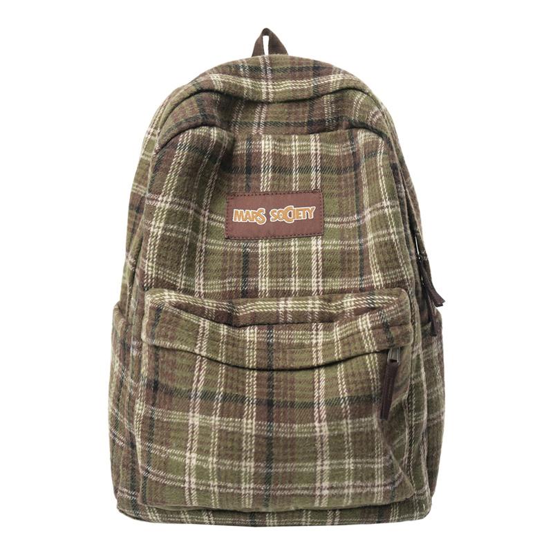 

Вінтажний картатий шкільний рюкзак для середньої школи, жіночий рюкзак для поїздок на роботу хакі/зелений