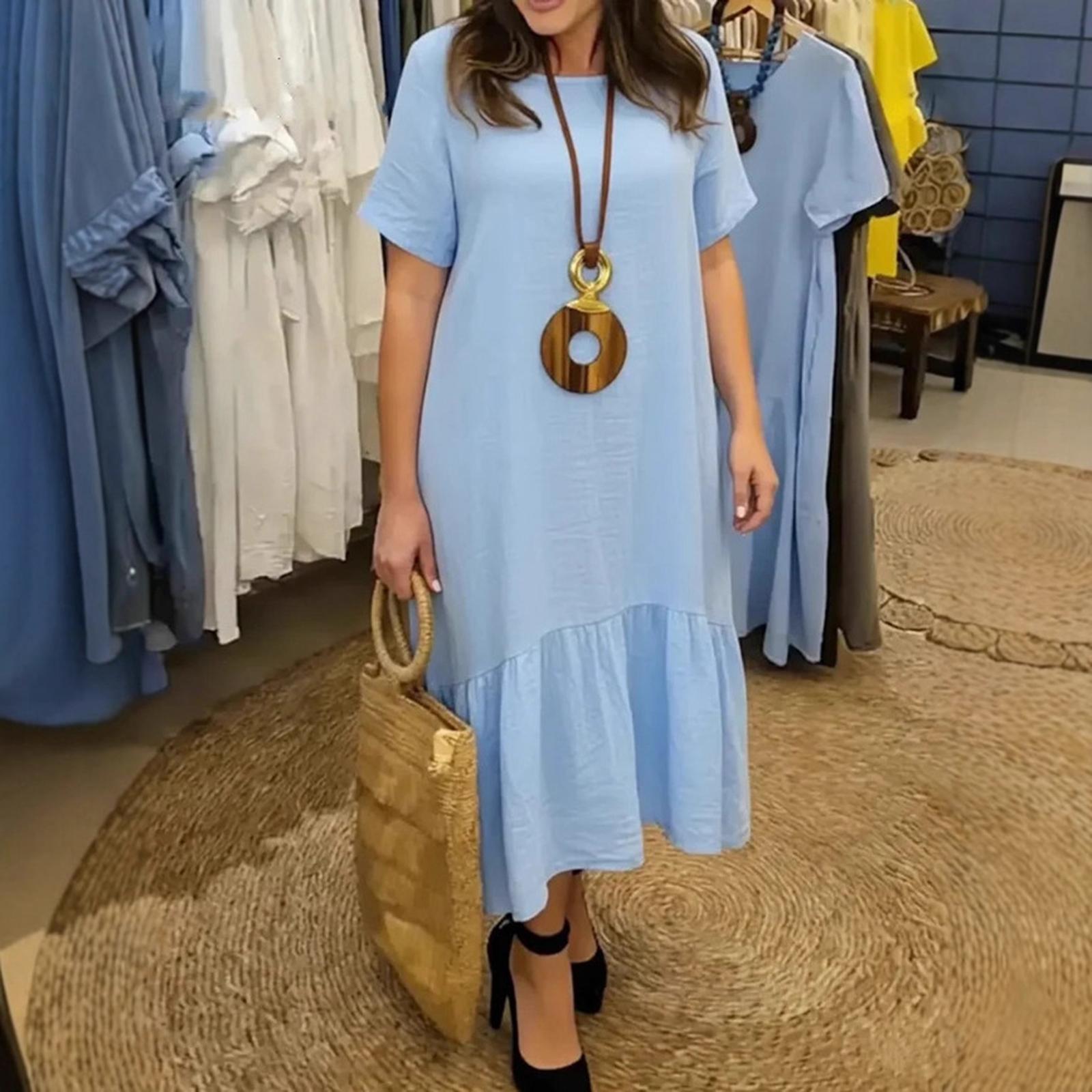 Women s Fashion Solid Color Dress Round Neck Short Sleeve Casual Loose Ruffled Dress XL светло-синий