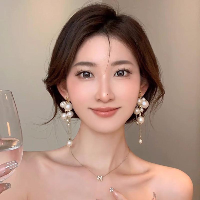 1 Par Elegantes Pendientes Colgantes de Borlas Largas de Perlas Pendientes Colgantes Para Mujeres Niñas Pendientes Brillantes de Moda Joyería de Boda Regalos