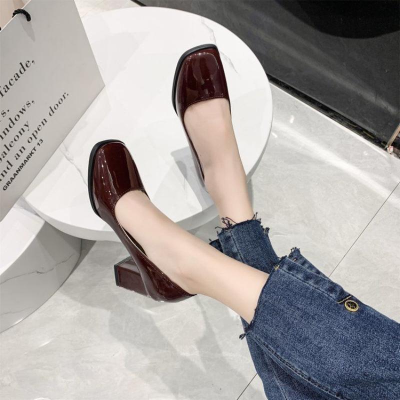 Women's Leather Shoes High Heels Elegant Thick Heel Square Toe Slip-on Shoes
