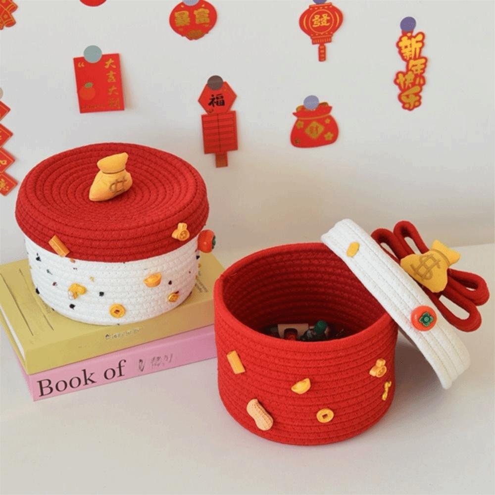Handmade New Year Storage Basket Cartoon Blessing Desktop Storage Box with Lid Decorative Sundries Organizer Clutter Management