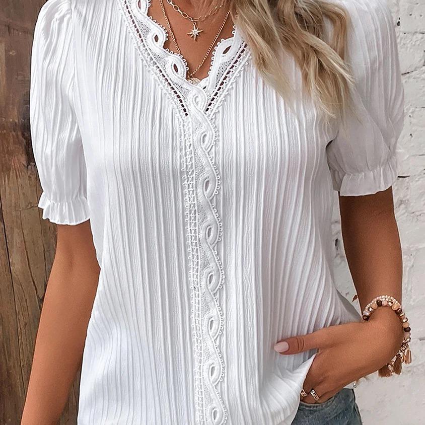 Women s Summer New Vacation Fashion Blouse V Neck Hollow Out Lace Trim Puff Short Sleeve Casual Textured Women s Shirt Top S белый