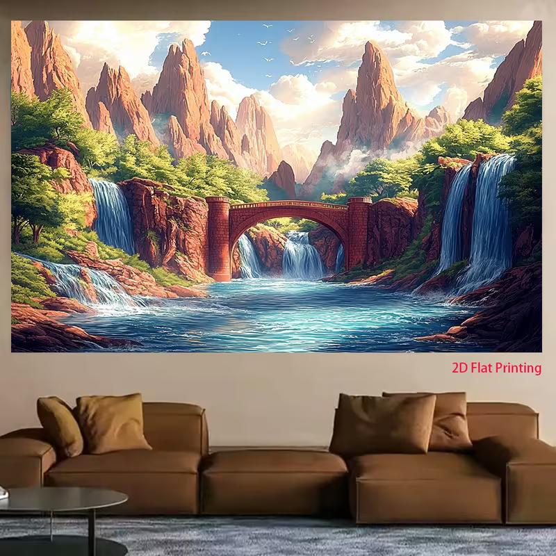 2D Mountain Waterfall Bridge Backdrop, Nature Landscape Photography Background