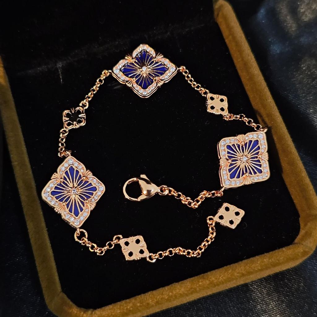 Italian Cloth Qi Latti Brushed Craft Four-Leaf Clover Bracelet Female Court Style Diamond Blue Gold Blue Three-Flower Bracelet