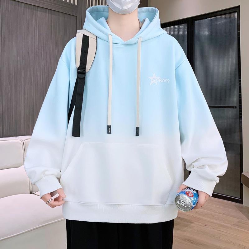Men's Fleece-Lined Gradient Crew Neck Long-Sleeve T-Shirt: Loose, Casual, Trendy Style for Teenagers—Perfect for Autumn and Winter.
