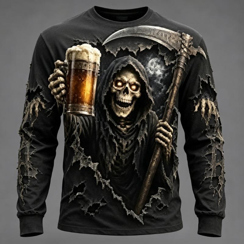 Men's Long Sleeve T-Shirt 3D Grim Reaper Pumpkin Print Gothic Halloween Crew Neck Top