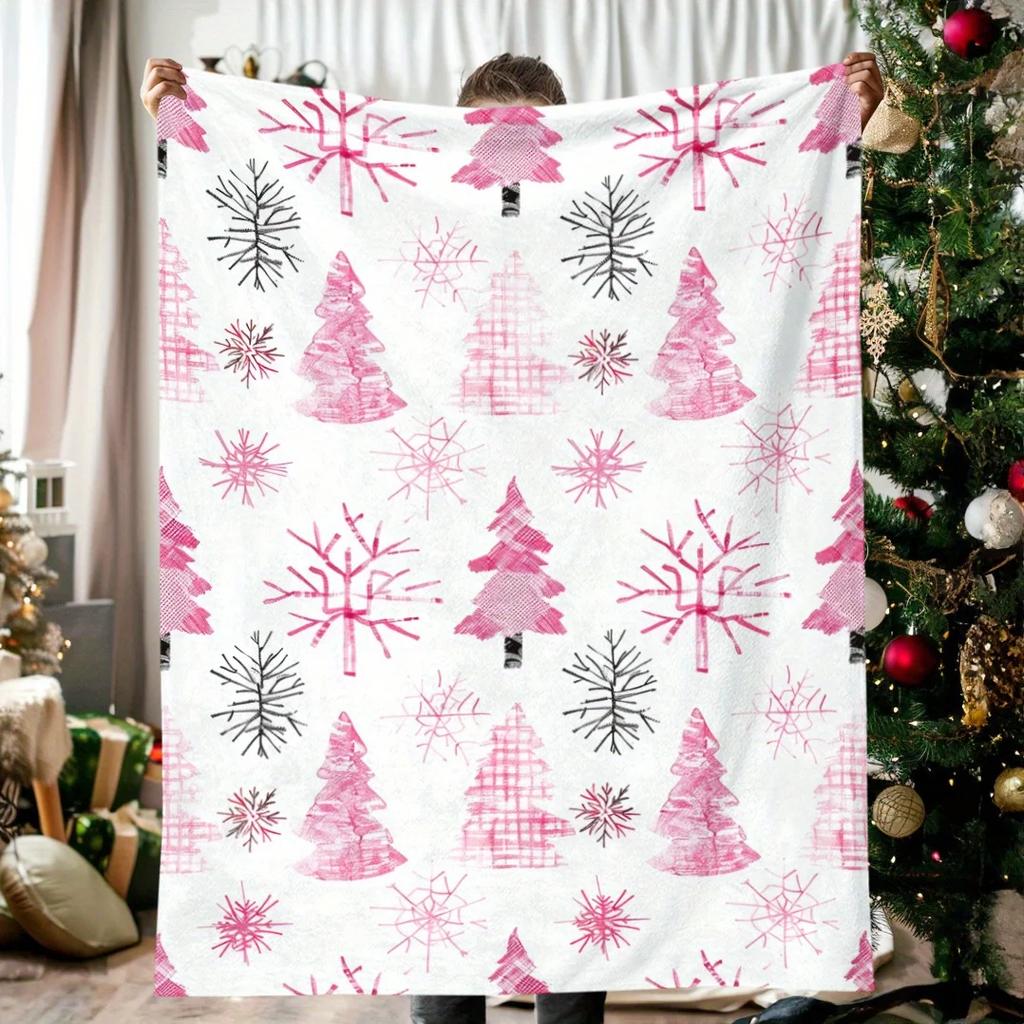 Vintage Watercolor Christmas Blanket - Soft & Warm Flannel with Pink Trees, Snowflakes & Cedar Design - Ideal for Naps,