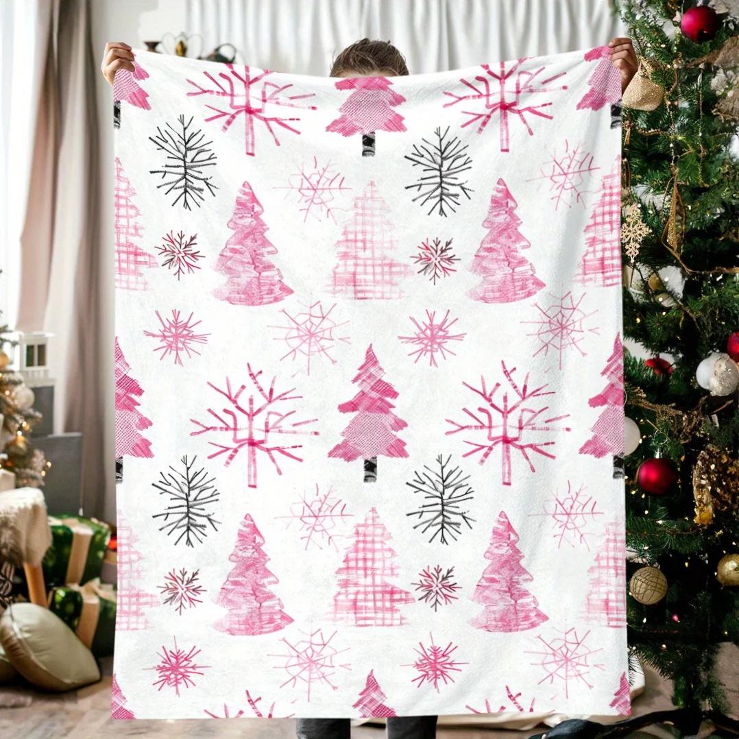 

Vintage Watercolor Christmas Blanket - Soft & Warm Flannel with Pink Trees, Snowflakes & Cedar Design - Ideal for Naps, 75x90cm