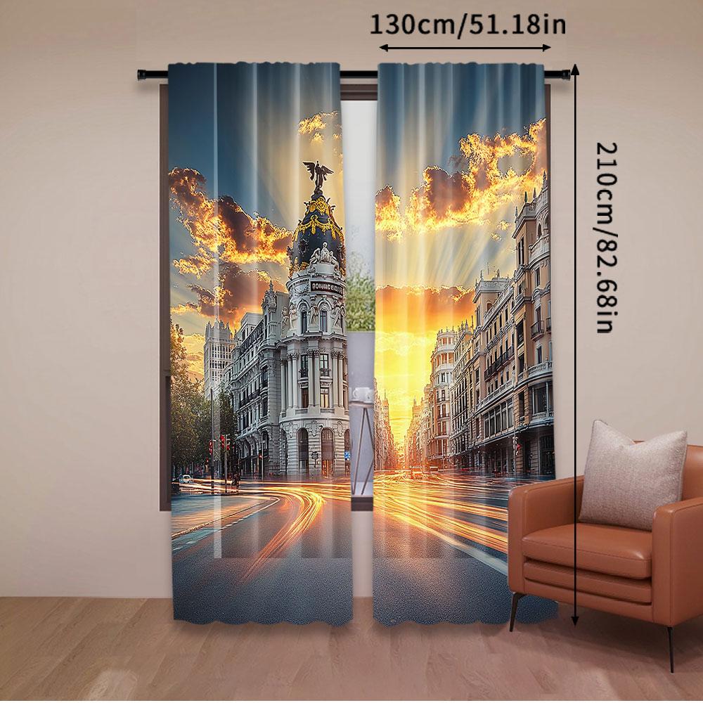 Set Of 2 Modern European Curtain View Streets Madrid Sky Landscape Big Old Town Heritage Bedroom Living Room For Sitting Made Polyester