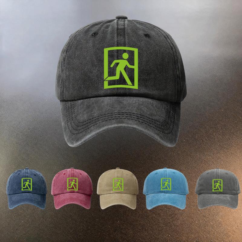 A Washed Hat Featuring an Emergency Exit Sign Pattern a Daily Sunprotection Baseball Cap a Musthave Fashionable Couples H