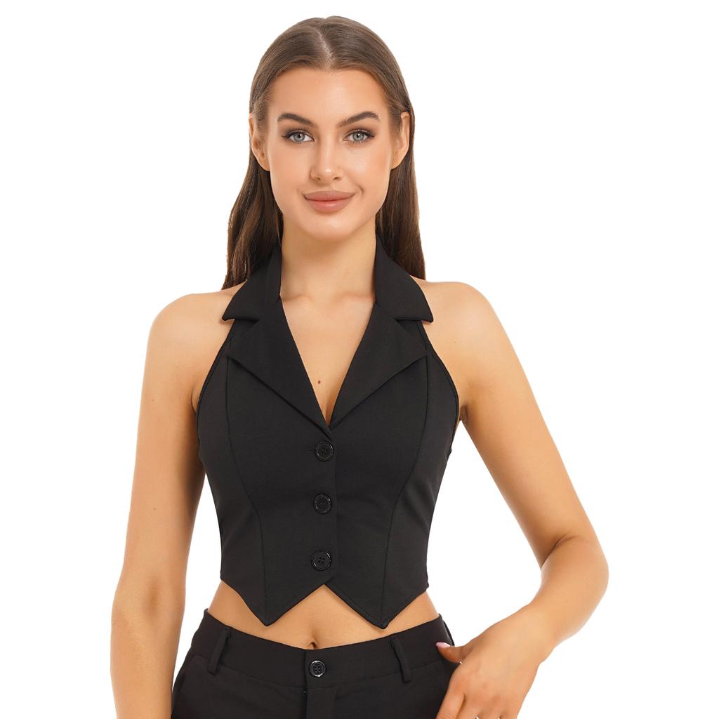 Women Halter Backless Cropped Vest Tops Button Down Dressy Waistcoat Lapel Collar Casual Jackets