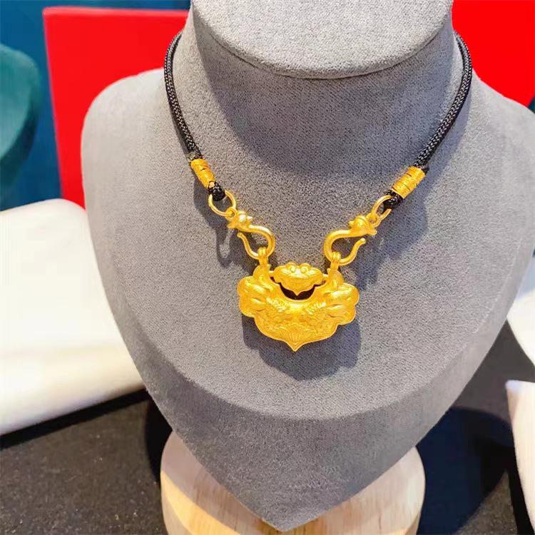 Gold Sand Lotus Koi Fish Pendant Necklace with Peacock Buckle and Red Rope