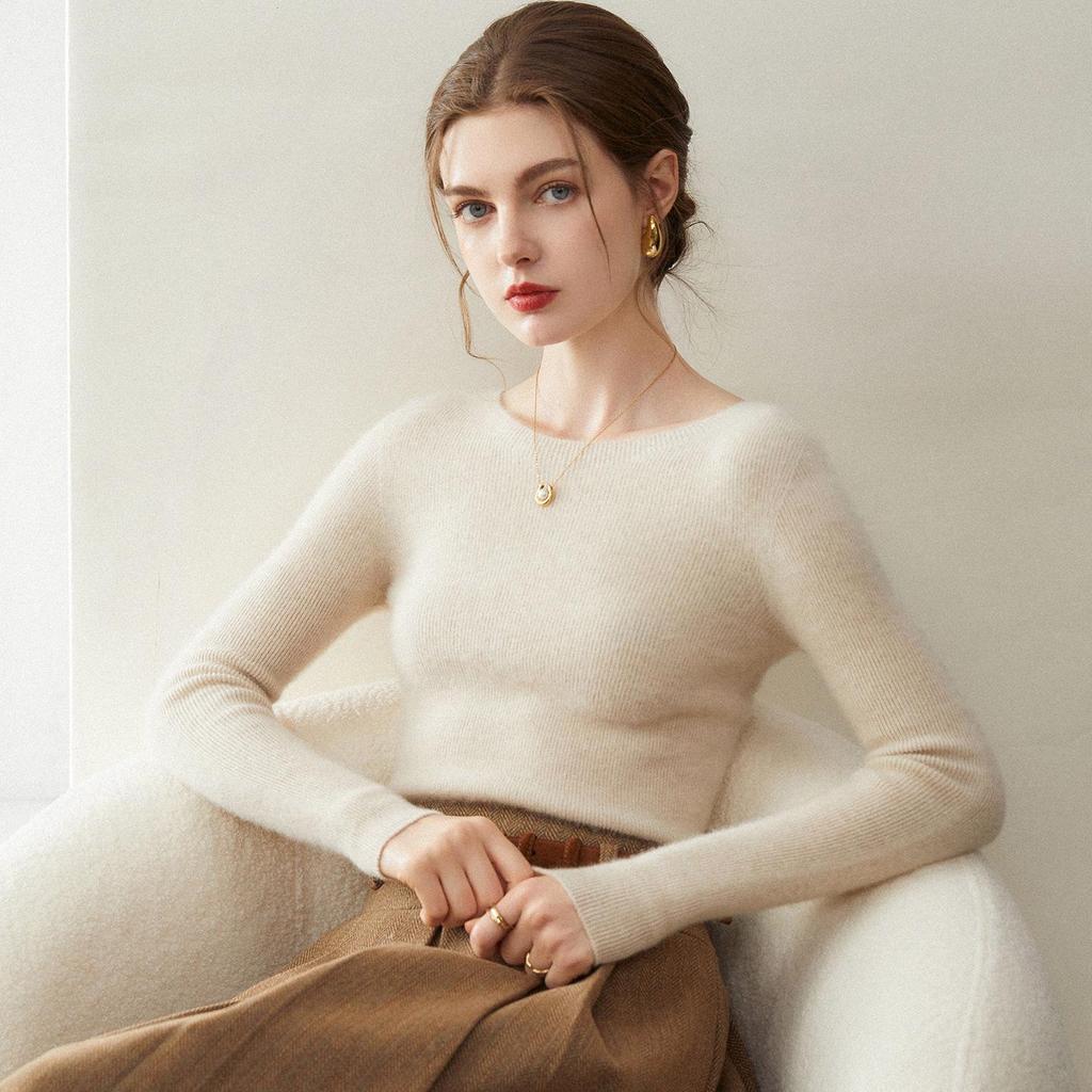 Elegant Women's Round Neck 100% Cashmere Slim Fit Sweater Dress