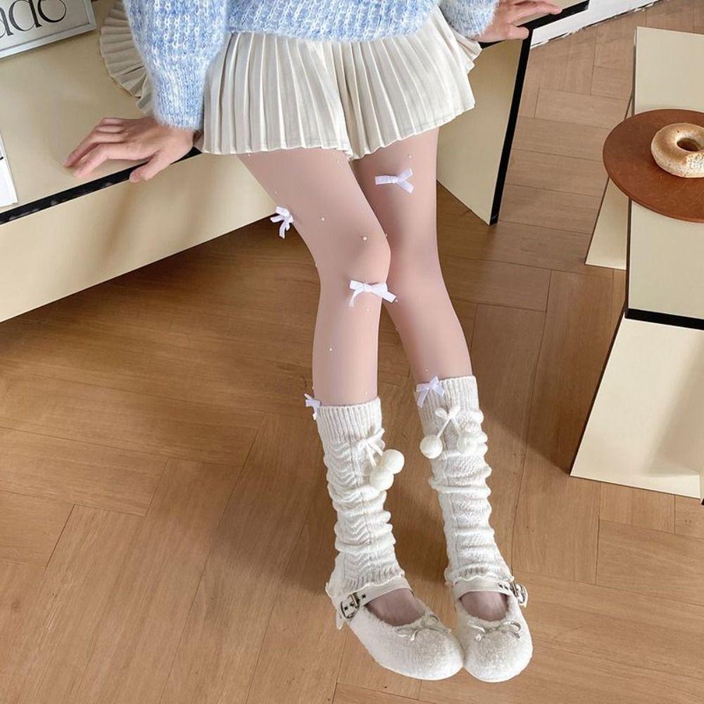 Knitted Leg Warmer Pom Pom Decor Long Stockings Cute Winter Warm Socks Cold Weather