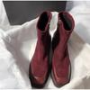 Luxury Faux Suede Leather Patch Stretch Boots Women Side Zipper Design Chunky Heel Ankle Boots Autumn Warm Burgundy Botas Mujer