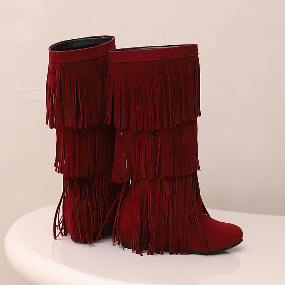 

Абрикосово-красные женские ботфорты с кисточками на танкетке и среднем каблуке, большой размер 48 39 красный