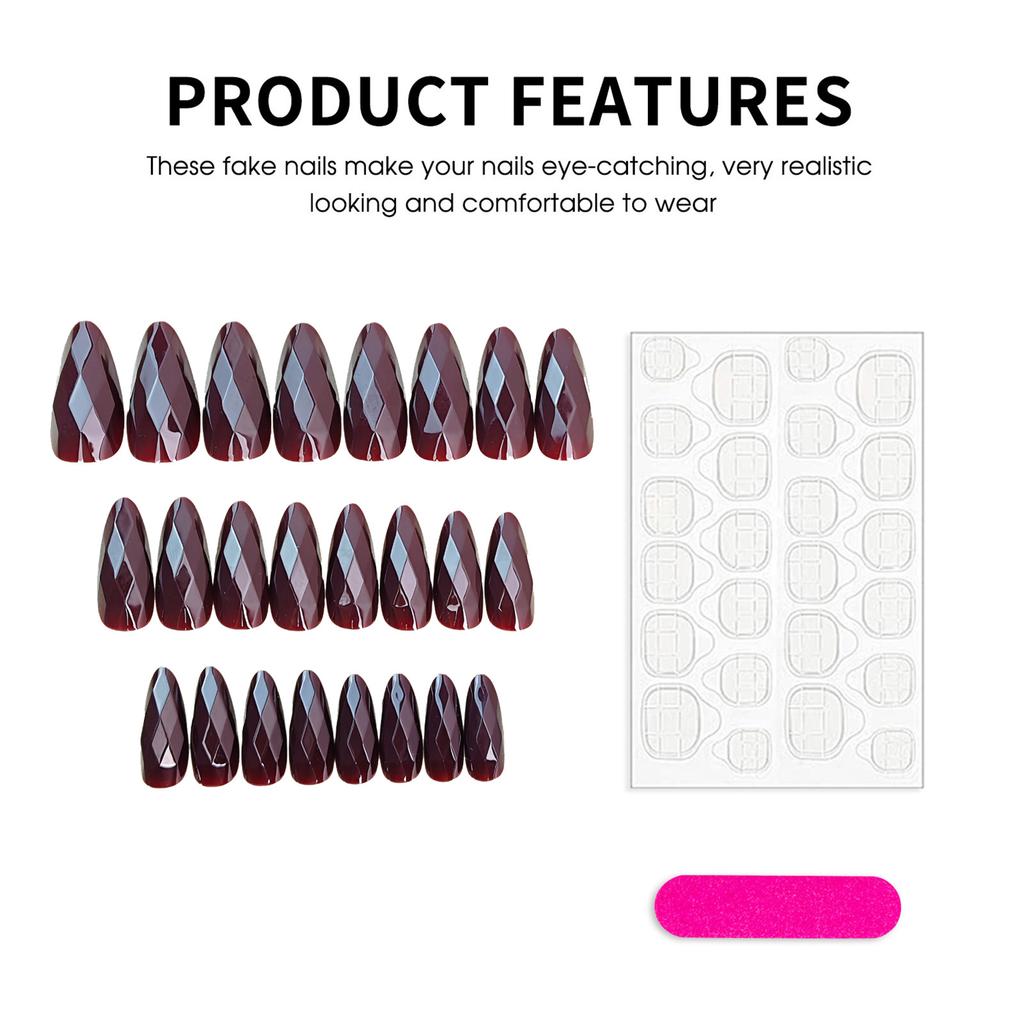 Brown Diamond Pattern Almond False Nails 24 Pieces Durable ABS Plastic For Weddings Parties