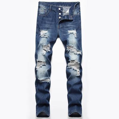 2024 European And American Men'S Nostalgic Blue Jeans Straight Button Personality Ripped Street Jeans Men