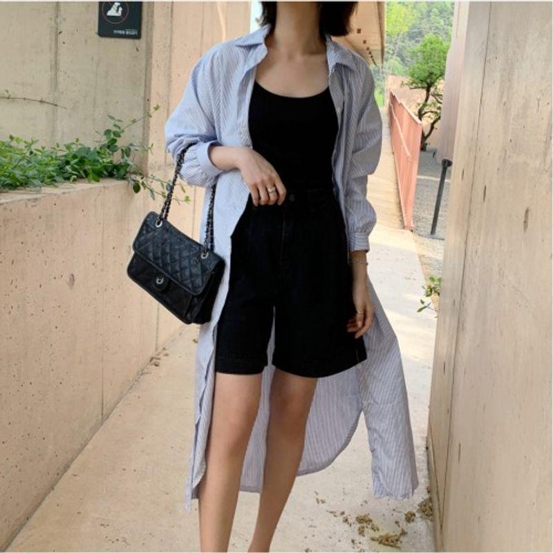 

K-style Plus Size Women s Clothing Chubby Girl Fashion Commuter Ol Single-Breasted Loose Stripes Pocket Nine-Quarter Sleeve Shirt Dress Blue(Figure) 4XL