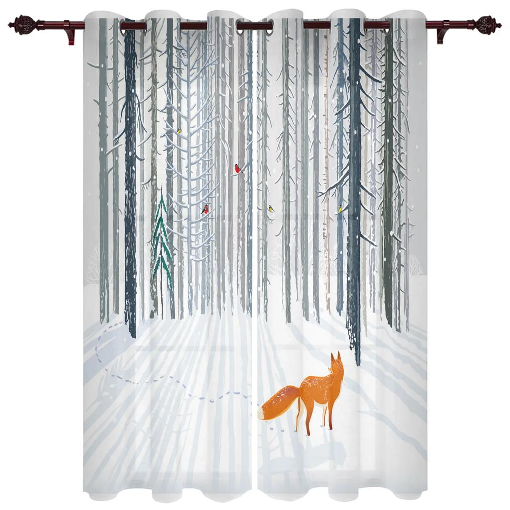 Animal Bird Fox Forest Winter Birch Tree Window Curtains Home Decor Living Room Curtains Kid's Room Cortinas For Kitchen Bedroom