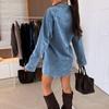 European & American Style Turn-Down Collar Long Sleeve Loose Denim Dress