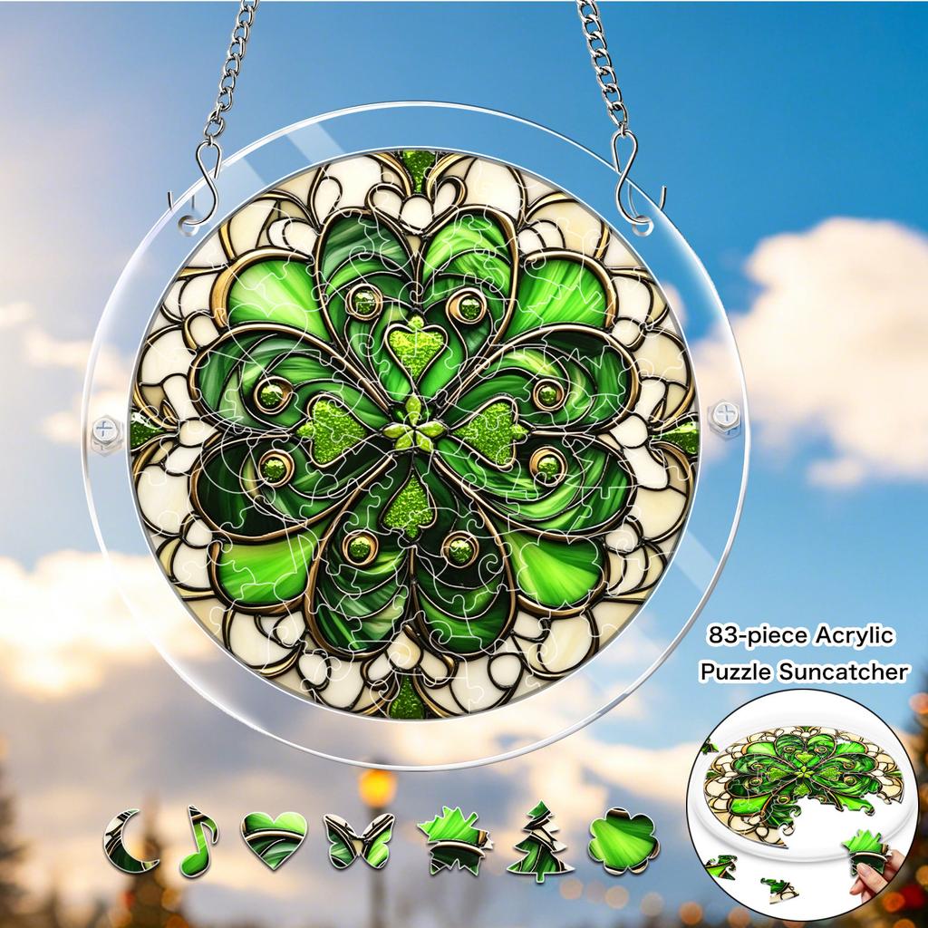 2D Flat, 1Set Green Four-Leaf Clover 83pcs Acrylic Puzzle Suncatcher, 18.8cm DIY Hanging Window Decor, Lucky Shamrock Mandala Ornament, Creative Jigsa