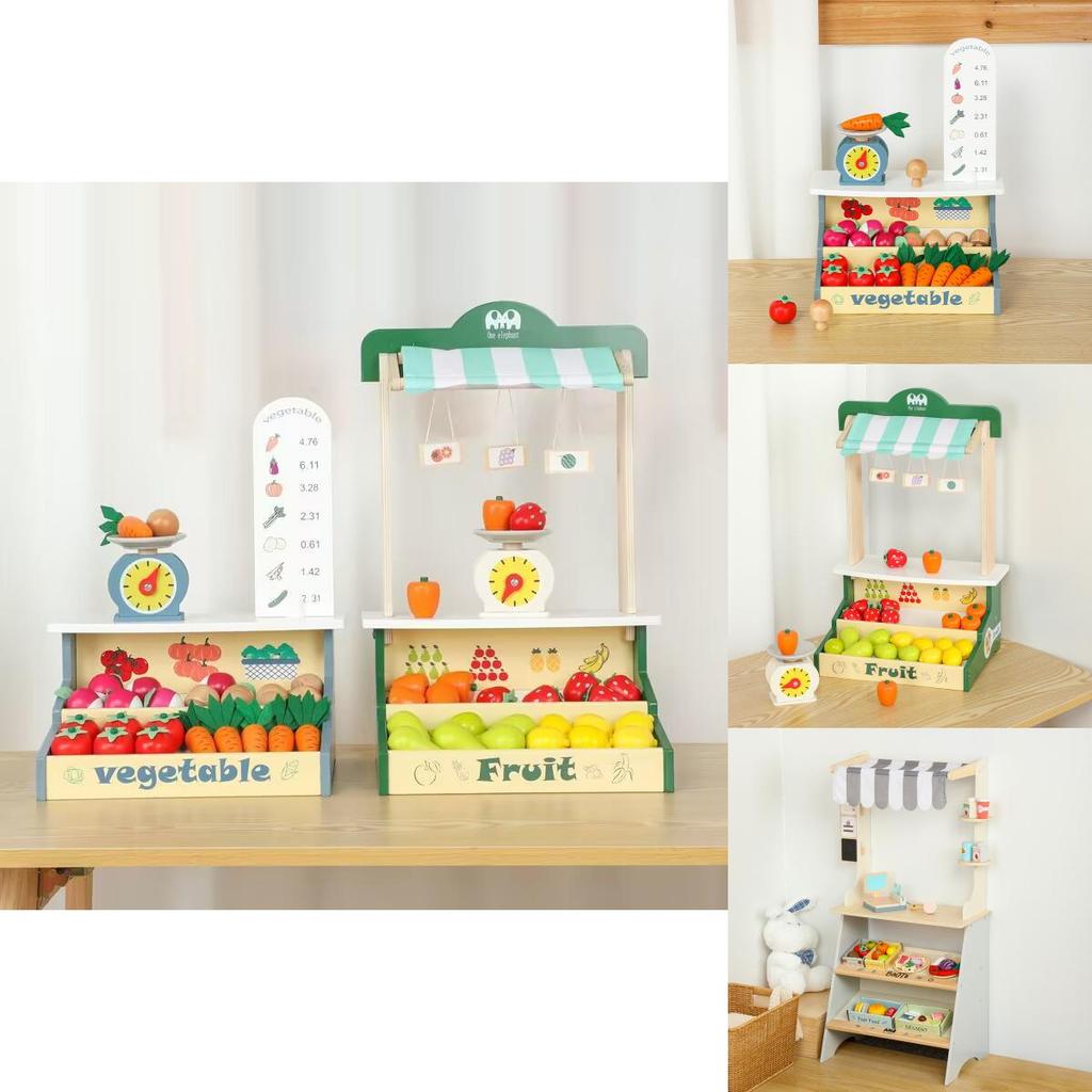 Wooden Pretend Play Fruit And Vegetable Market Set With Shopping Cart For Kids Educational Toy