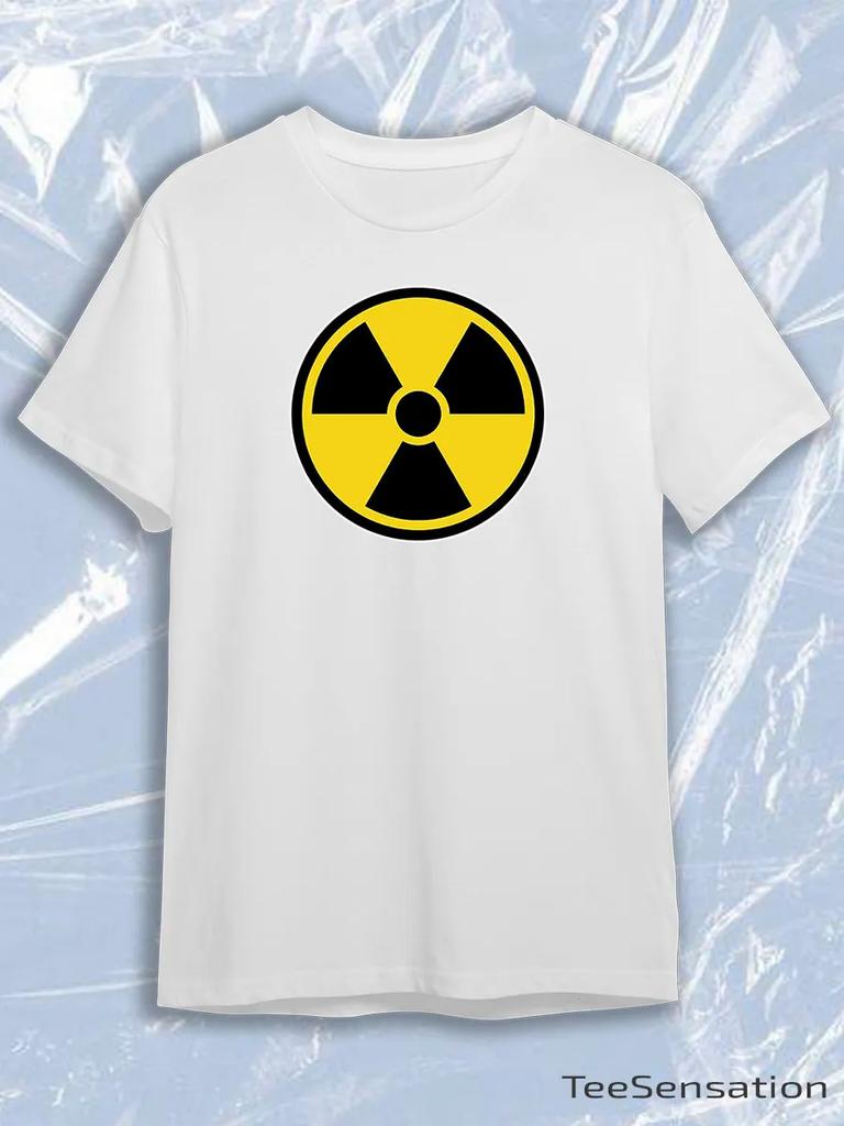 White Crew Neck Short Sleeve T-Shirt with Yellow Radiation Symbol