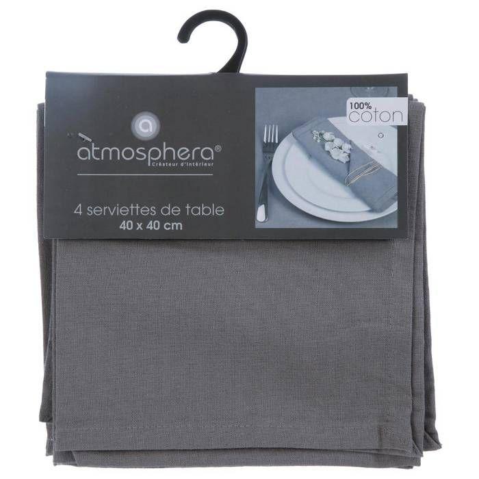 Lot de 4 serviettes de table coton gris 40x40cm - Atmosphera createur d'interieur