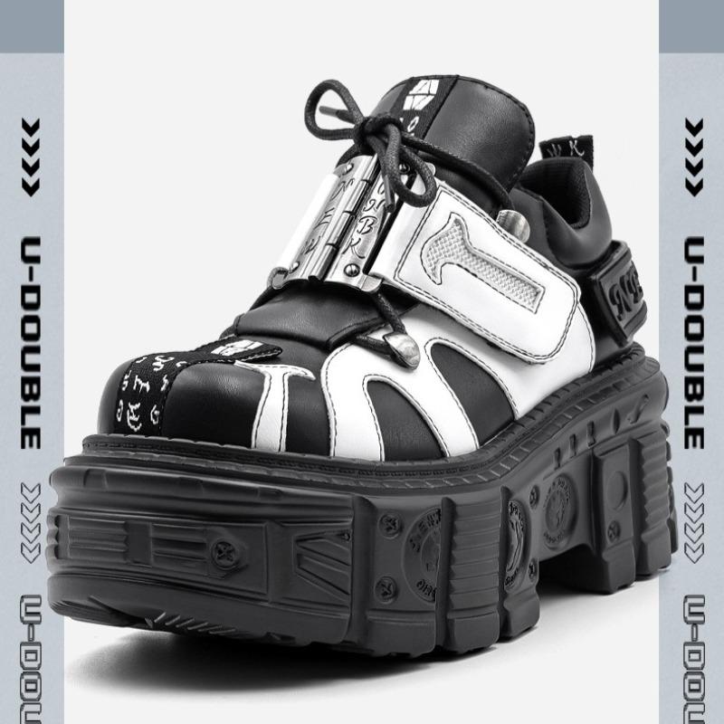Fashion Shoes for Women Black Leather Casual Shoes Dark Punk Rock Platform Shoes Men's Women's Chunky Sneaker Metal Locomotive Men Boots