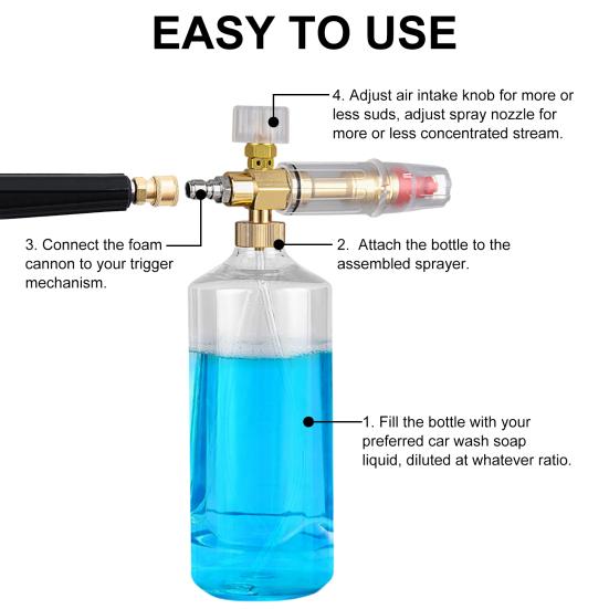 1L Bottle Cleaning Watering Can Adjustable Nozzle 4000 PSI Transparent Cavity with Scale