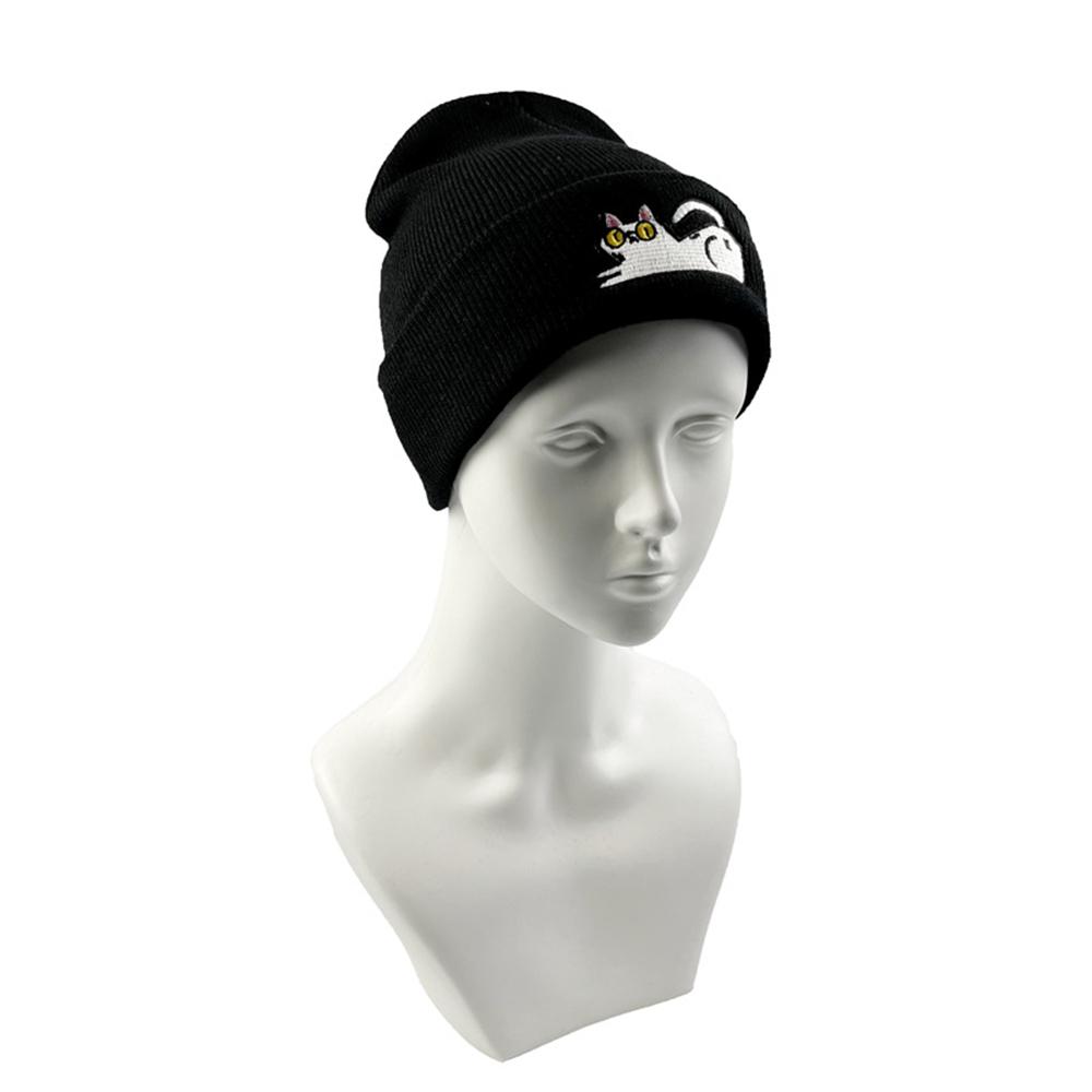 1 Stück Neue modische Unisex-Mütze mit Cartoon-Katzenstickerei, Strickmütze, warm, Herbst/Winter, Skullies-Mütze, Hip-Hop-Mütze, Schwarz
