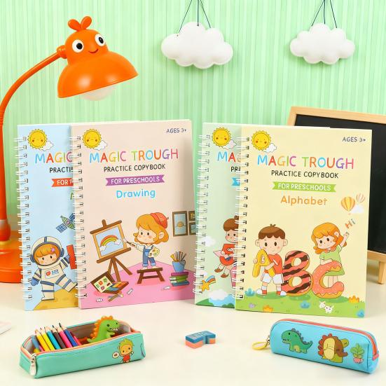 Magic Groove Practice Book Reusable Math Drawing Copybook Number Alphabet Tracing Handwriting Workbook for Children Ages 3-10