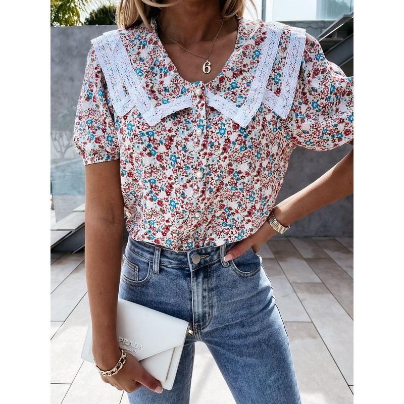 

European and American-Style Sailor Collar-Button Lace Short-Sleeve Shirt Red Flower S