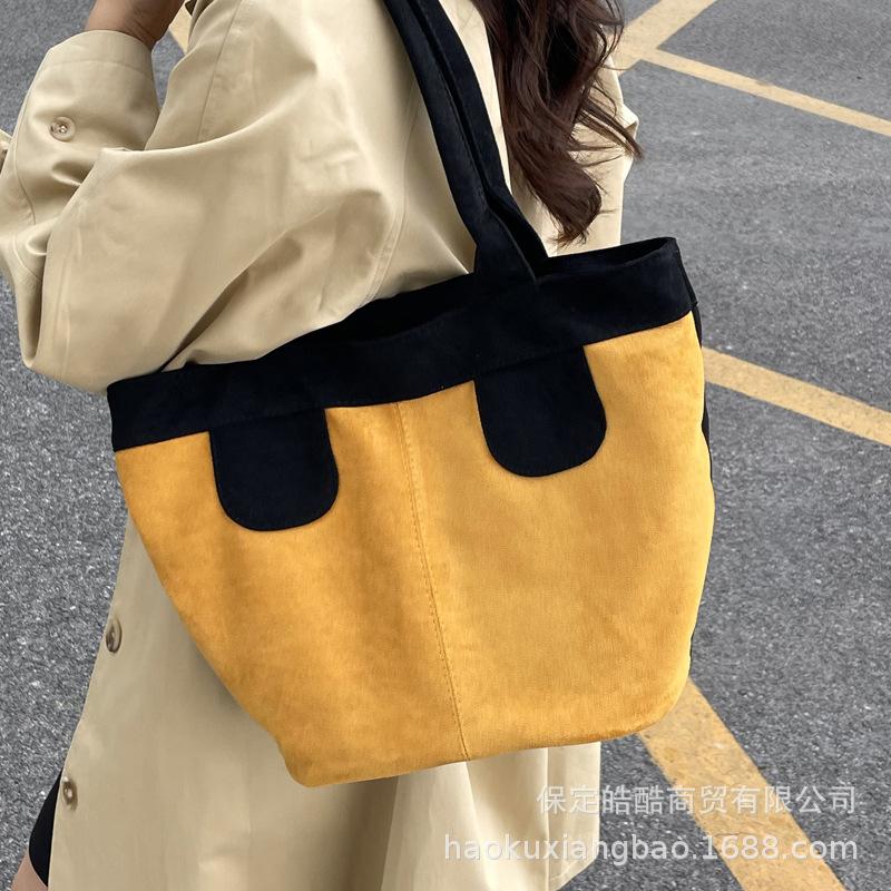 Casual Retro Suede Bag Women's 2025 New Contrasting Color Commuter Versatile Shoulder Underarm Bag Tote Small Bag