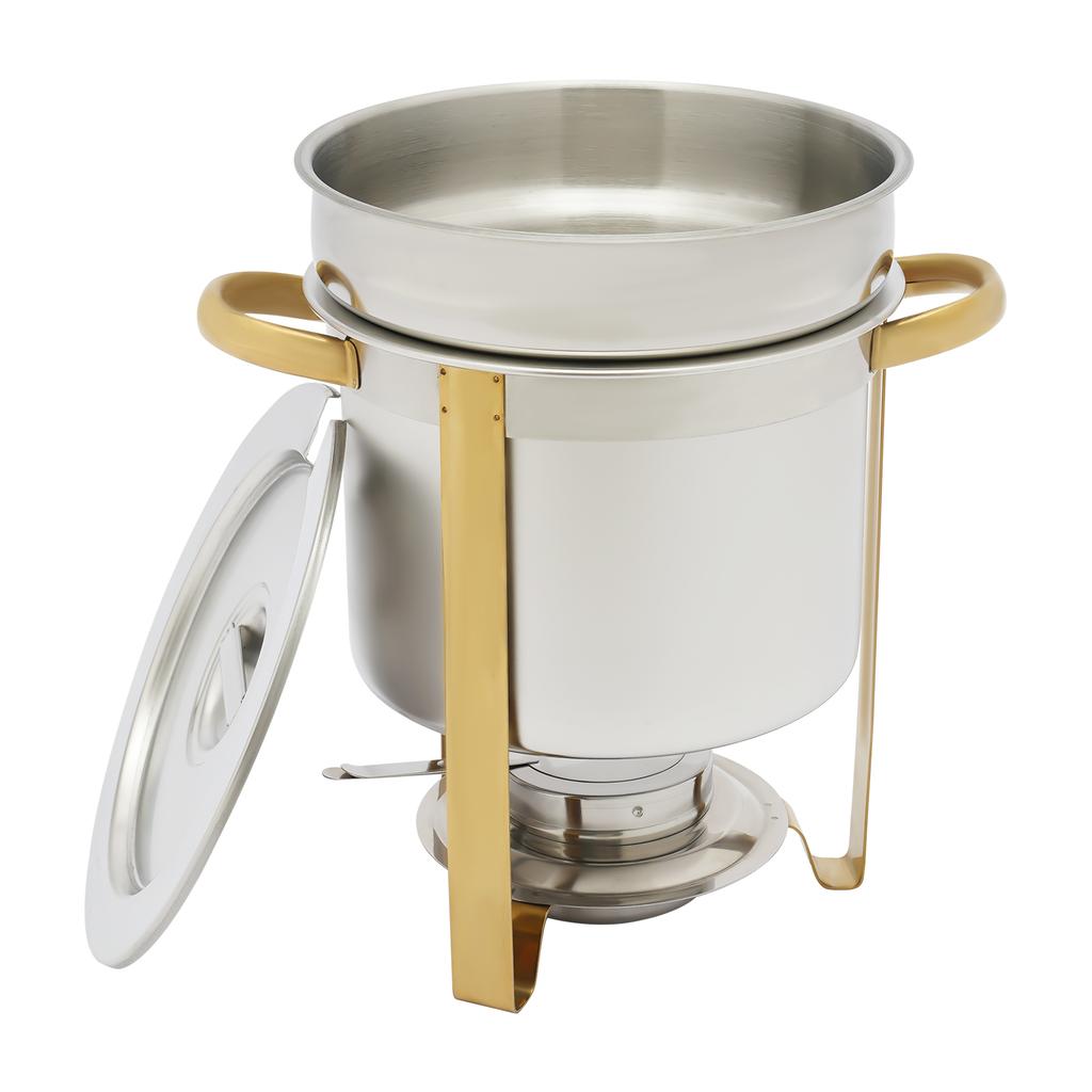 7.4 Qt Gold Stainless Steel Round Soup Chafer Buffet Serving Set with Lid & Handle – Modern Food Warmer for Catering, Weddings