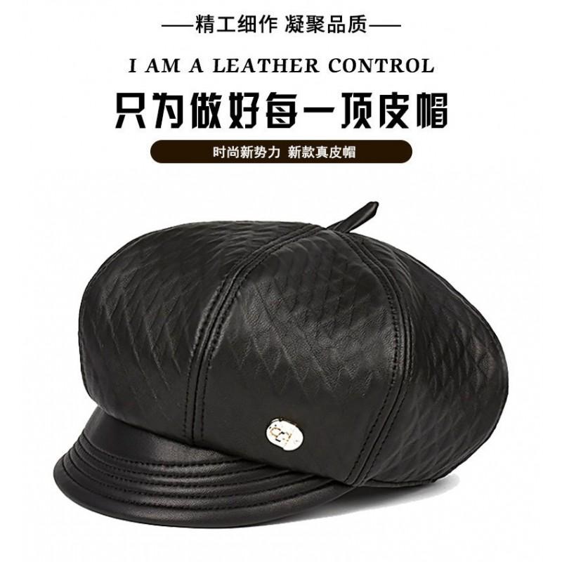 Womens Genuine Leather Beret Hat With Short Brim Foldable Adjustable Cap Winter Light Luxury Style