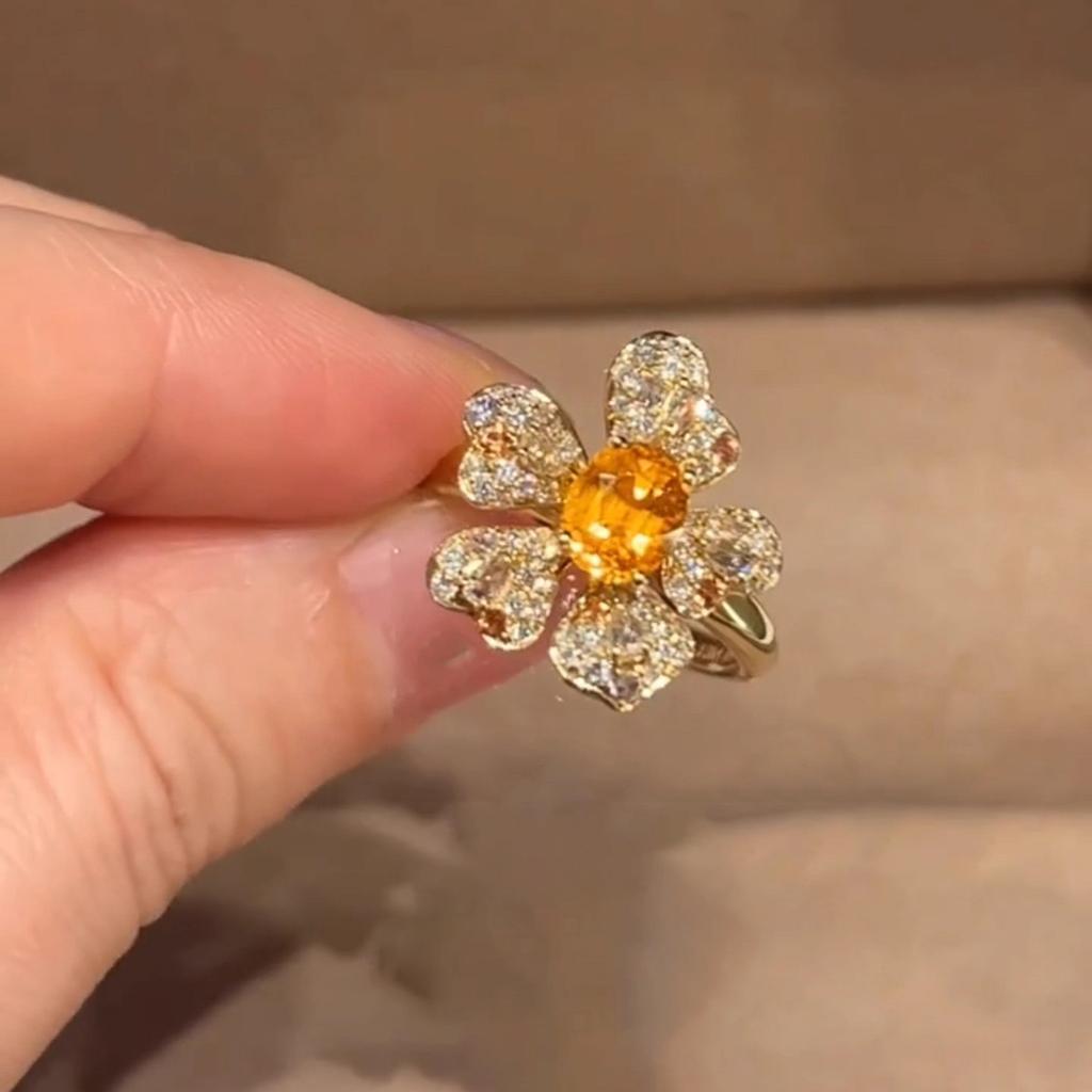 Kreatywny design pierścionki z cyrkoniami w kolorze słonecznika i pomarańczowym dla kobiet, lekki luksus, wysokiej klasy, wykwintny pierścionek z inkrustowanymi diamentami, ślubny