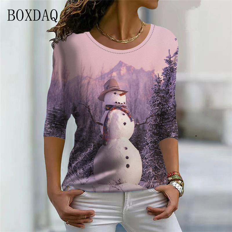 Santa Claus And Snowman Pattern Women Streetwear T-shirts Autumn Winter Long Sleeve 3d Print Christmas Style Ladies Casual Tops